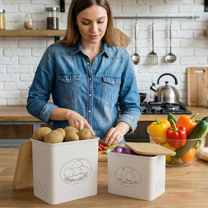 Lifewit Plastic Potato and Onion Storage Bin, Stackable Garlic Keeper with Aerating Holes and Lid, Vegetable Container Box for Pantry Countertop, White, 24 x 18 x 24 cm/9.5 x 7 x 9.5 inch, Set of 2