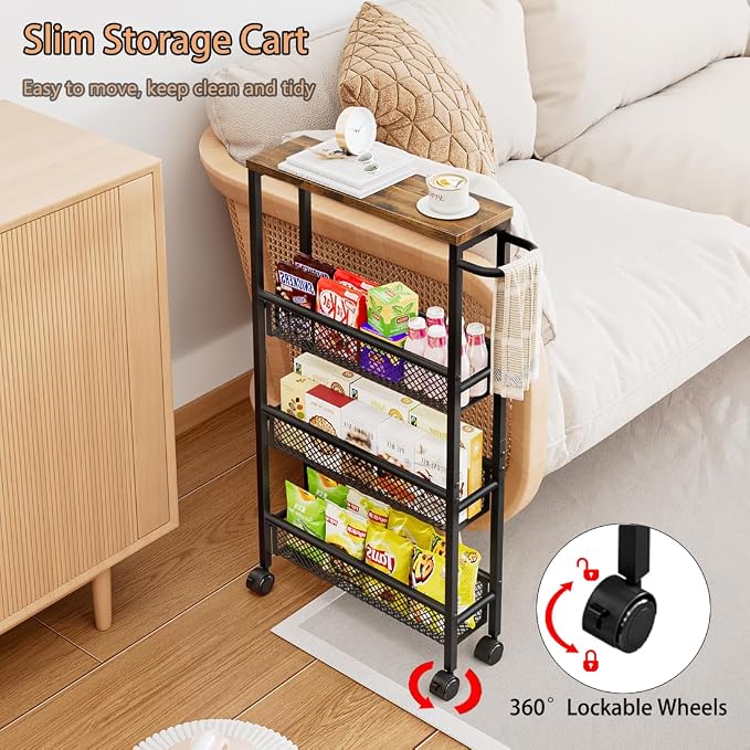 AZERPIAN Slim Rolling Cart 4 Tier Narrow Storage Cart on Wheels with MDF Board Top and Metal Handle for Small Space Kitchen Living Room Home Office Pantry Bathroom Laundry Room(16.54×5.12×30.31 inch)