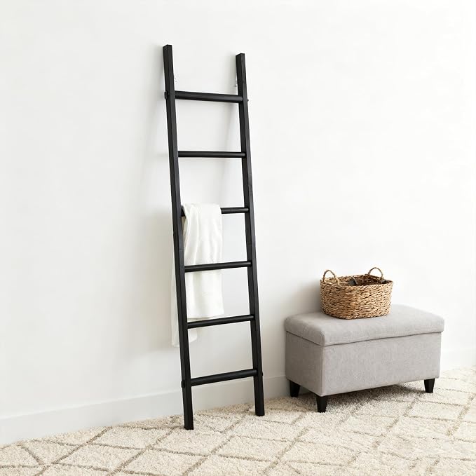 Wooden Blanket Ladder - Natural & Motley Wood - Leaning Wall Decor for Bedroom, Bathroom, Living Room - Rustic Quilt Holder & Towel Rack (Black Wood Color, 76in（6-Tier）)