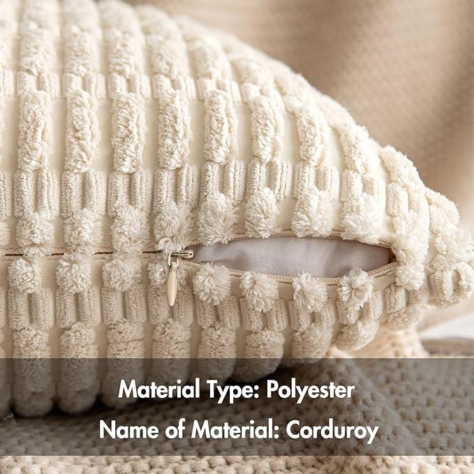 MIULEE Pack of 4 Corduroy Decorative Throw Pillow Covers 18x18 Inch Soft Boho Striped Pillow Covers Modern Farmhouse Home Decor for Sofa Living Room Couch Bed Cream White