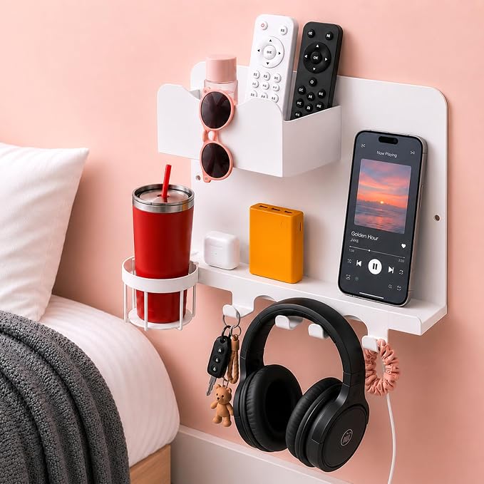 Metal Bedside Wall Shelf, No Drill Floating Bedside Shelf Wall Organizer | Bedside Wall Shelf with Detachable Cup Holder for Bedroom, Dorm, Nightstand Alternative, Bunk Bed Accessories & RV Storage