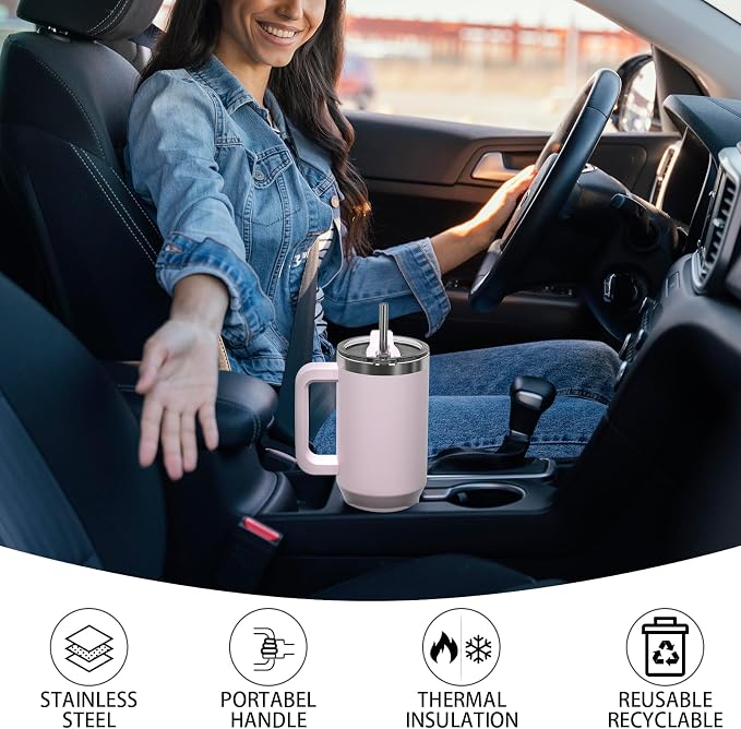 40 oz Tumbler with Handle,Tumbler with Lid and Straw,Double Wall Insulated Cup Stainless Steel Travel Mug(Cold for 34 Hours),Water Bottle for Iced Tea,Coffee,Cold Beverages(Rose Quartz)