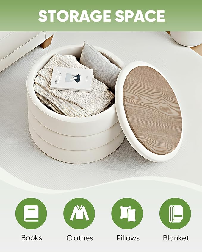 B FSOBEIIALEO Round Velvet Storage Ottoman with Tray, Folding Ottoman with Storage Coffee Table Foot Rest for Dorm Room, Living Room White, 22.83"x22.83"x17.32"
