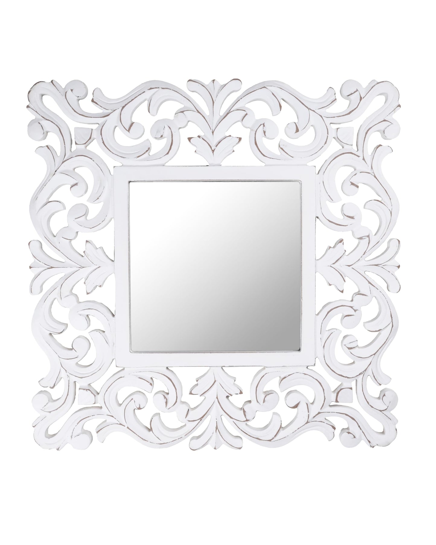 Lightnpro Hand Carved Farmhouse Wall Mirror - 18 Inch Square Antique White Wooden Frame, Rustic Decorative Mirror for Bathroom, Living Room, Bedroom & Entryway Décor