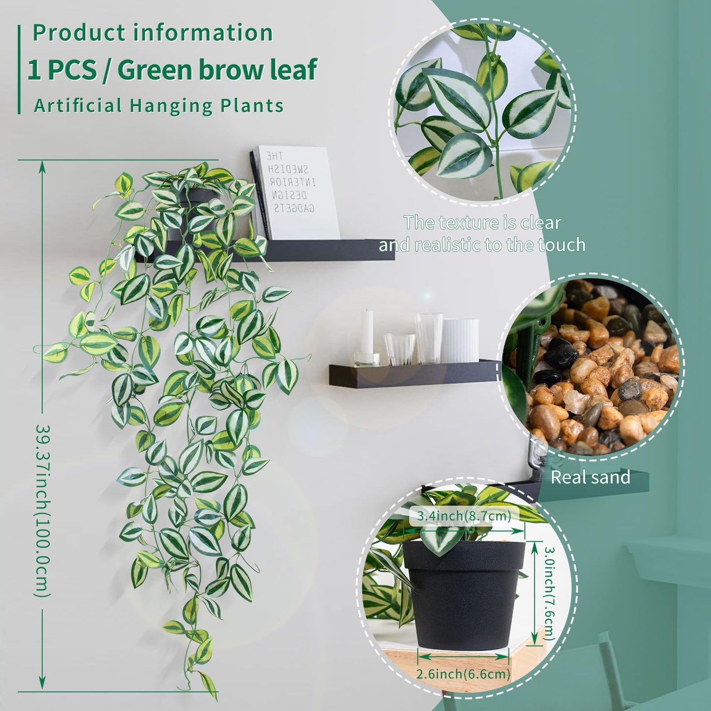 LOYWREE 3 Pack Fake Hanging Plants - Small Potted Plants with Green Eyebrow-Leaf Trailing Vines, Indoor Outdoor Aesthetic Decor for Office, Living Room Shelf & Home Accent (Black Pot)