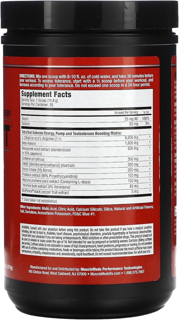 MuscleMeds Nitrotest Pre-Workout Supplement Drink, Boost Nitric Oxide, Testosterone, Blue Raspberry, 30 Serving, 1.04 Pound, 1 Count