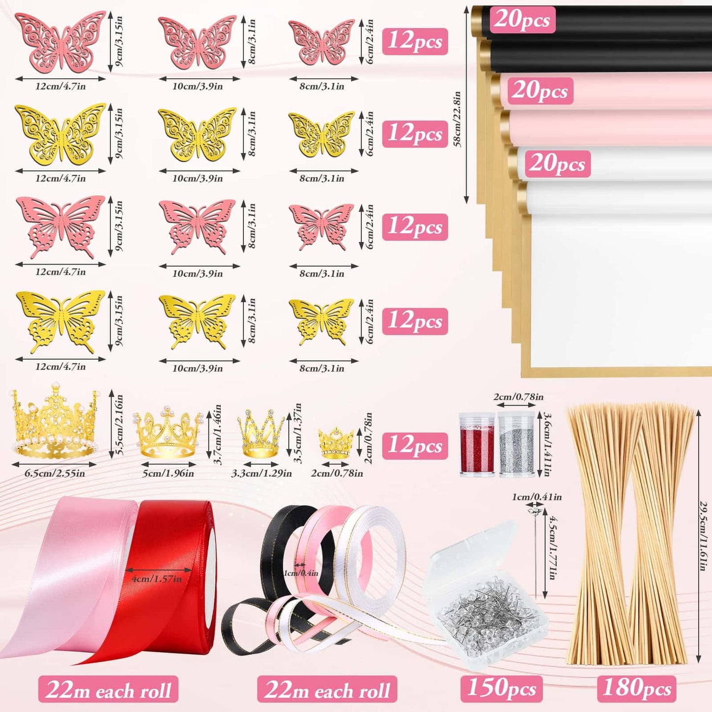 449Pcs Flower Bouquet Wrapping Accessories with Floral Wrapping Paper Gold Crowns Butterfly Decorations Gem Pins and Wooden Sticks, Ribbons for Money Bouquet Mother's Day Baby Shower Graduation