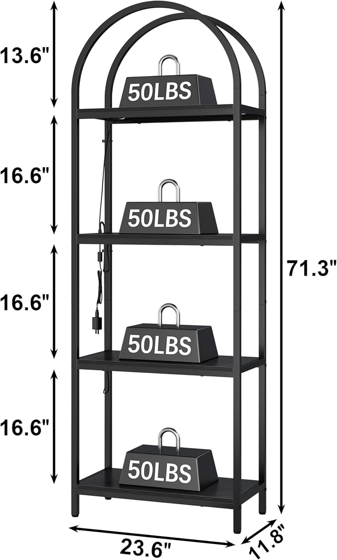 Yusong LED Bookshelf 4 Tier Arched Bookcase, 71.3" Tall Industrial Open Book Shelves for Living Room, Modern Freestanding Display Storage Rack with Metal Frame, Office, Bedroom, Black