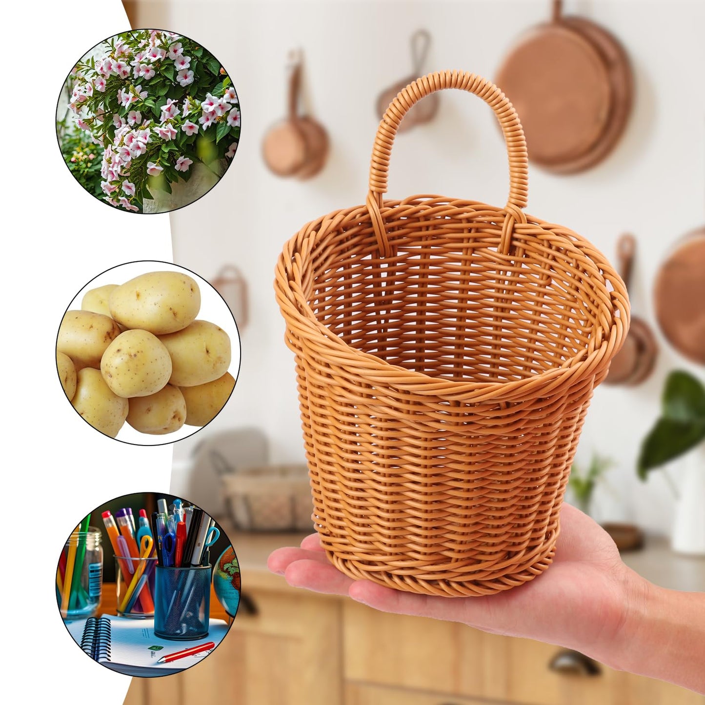Geytetqi 5 Pack 6.7 x 6 inch Woven Hanging Fruit Basket, Wall Hanging Wicker Baskets, Wall Fruit Wicker Basket for Kitchen, Planter, Vegetable & Fruit, Boho Home Decor