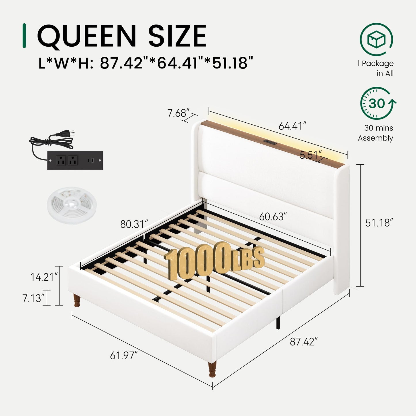 LARMACE Queen Size Bed Frame with LED Lights and Charging Station Linen Upholstered Platform Bed Frame with 51.2" Tall Headboard Wingback and Storage Shelf, No Box Spring Needed, Noise Free, Cream