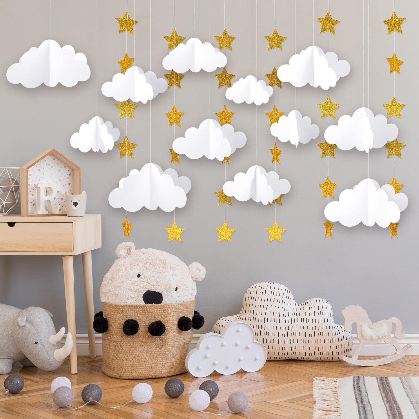 Hotop 18 Pcs 3D Cloud Party Decorations Hanging Clouds with Stars Garland White Paper Decorations for Baby Shower Wedding Ceiling Party Room Decor