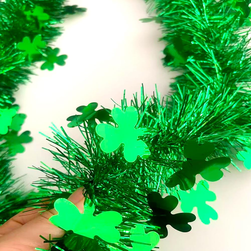 33 Ft St.Patrick's Day Tinsel Garland, Shiny Thick Green Garland with Shamrock Designs Irish Holiday Party Clover Hanging Decorations for Saint Patrick's Day Home Indoor Outdoor Party Decor
