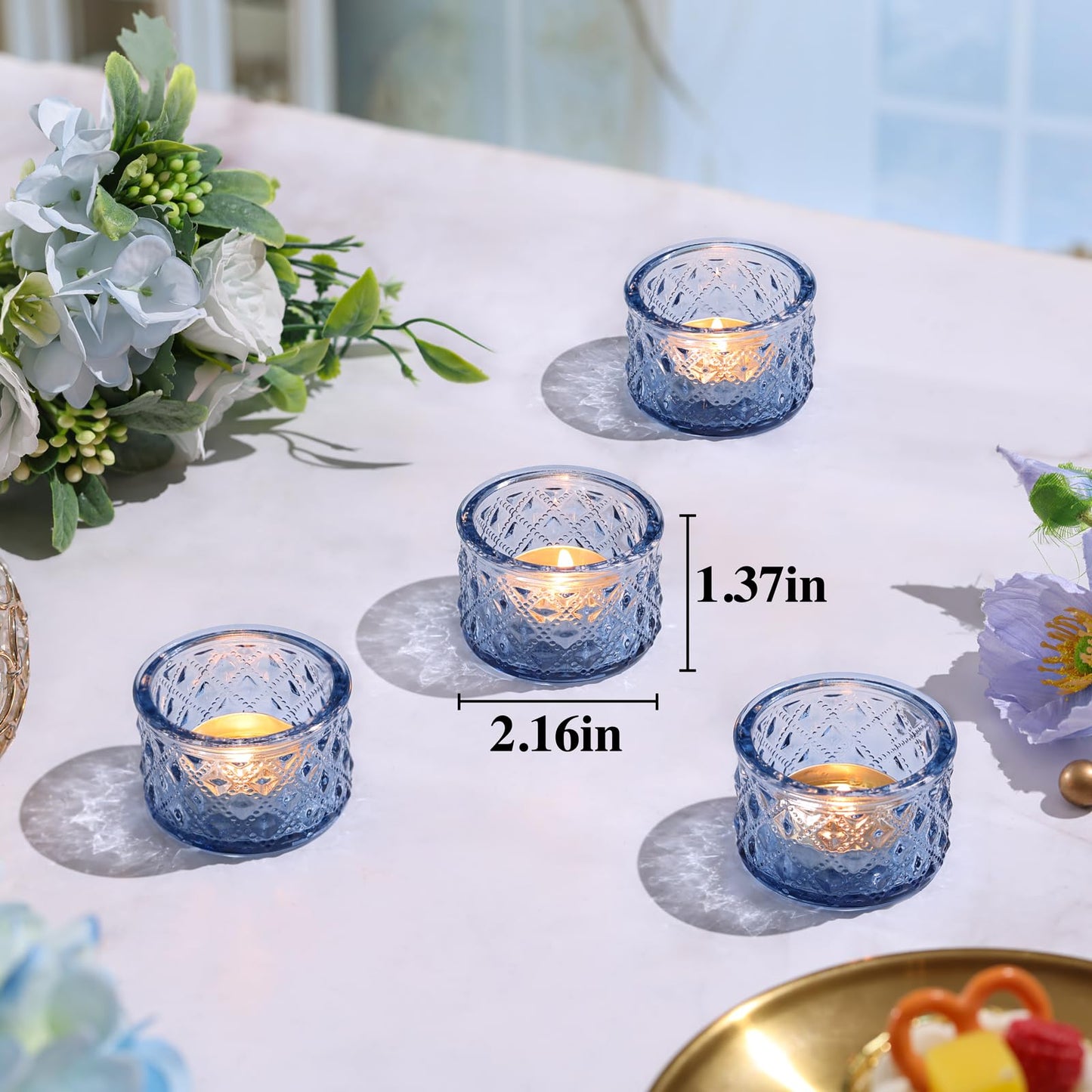 MATAHUM 24 Pack Blue Tealight Candle Holders, Diamond Glass Votive Candle Holders Bulk for Wedding Centerpieces, Beach Theme Bridal Shower, Baby Boy Shower, Birthday Party Decor