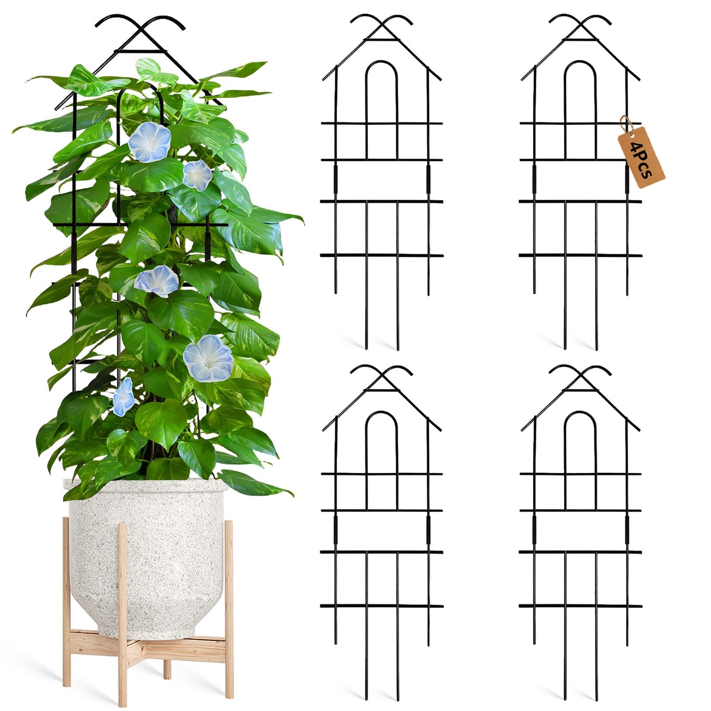 Xeeol 23in Plant Trellis for Potted Plants, Expandable Metal Garden Trellis for Climbing Plants with Ties, Plant Supports for Indoor Plants Hoya Pothos Ivy, 4P