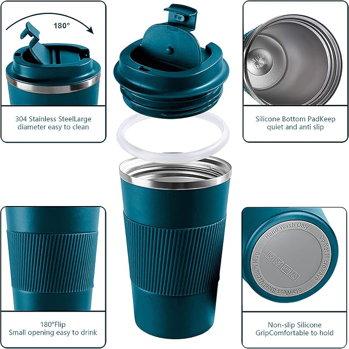 YINBAOGE Insulated Travel Coffee Mug, Spill & Leak Proof, Portable To Go Camping Stainless Steel Coffee Tumbler, Reusable Thermal Coffee Cup with Lid for Hot & Cold Drinks (Blue, 17 OZ)