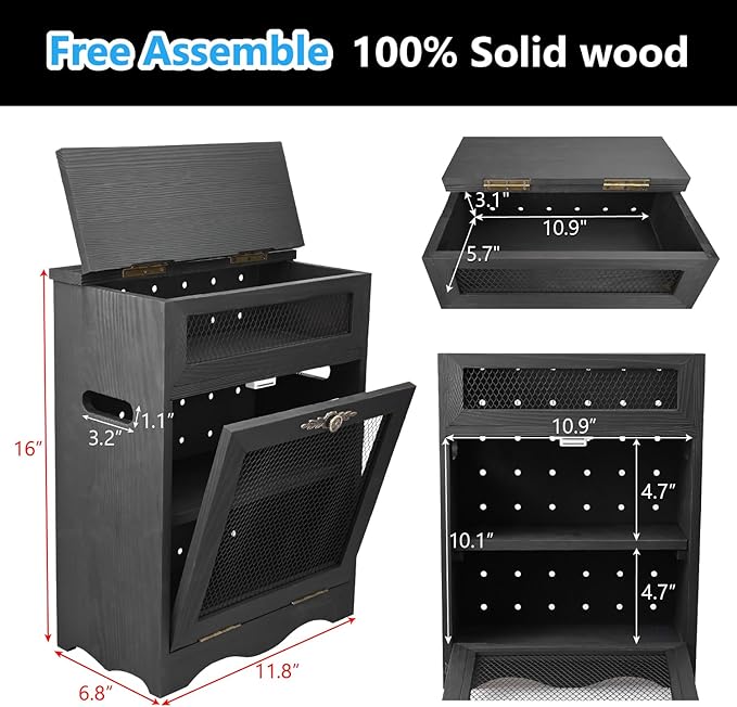 Ikee Design Free Assemble Wooden Countertop Potato and Onion Storage Bin Box, Countertop Cabinet, Wooden Bread Boxes, Potato Storage, Coffee Station,11.8W x 6.8D x 16H in, Black Color