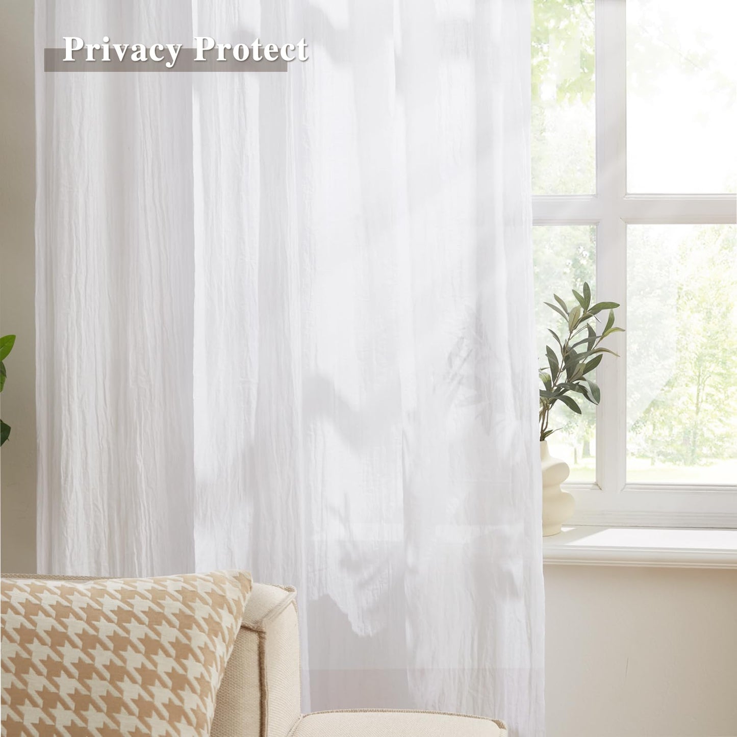 Melodieux Cotton Sheer Curtains 63 Inch Length 2 Panels, Light Filtering Pinch Pleated Cafe Curtains Panels, Back Tab Bedroom and Nursery Kitchen Drapes with Hooks, 40x63 Inch, White