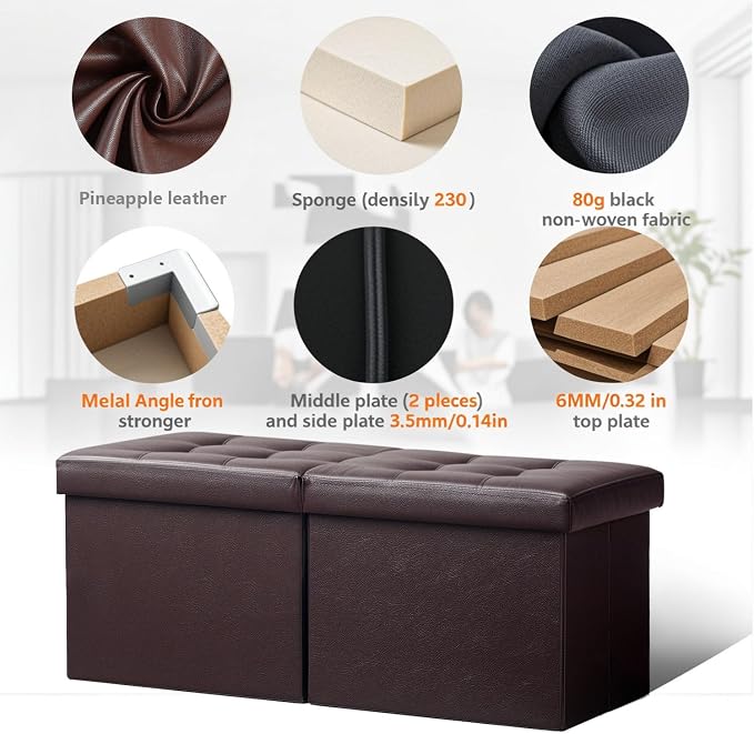 AmasSmile Footrest Ottoman Bench with Storage,34Inch Brown Leather Footstool, Coffee Table, Padded Seat, Storage Chest,Blanket Store with Flipping Lid for Livingroom and Bedroom