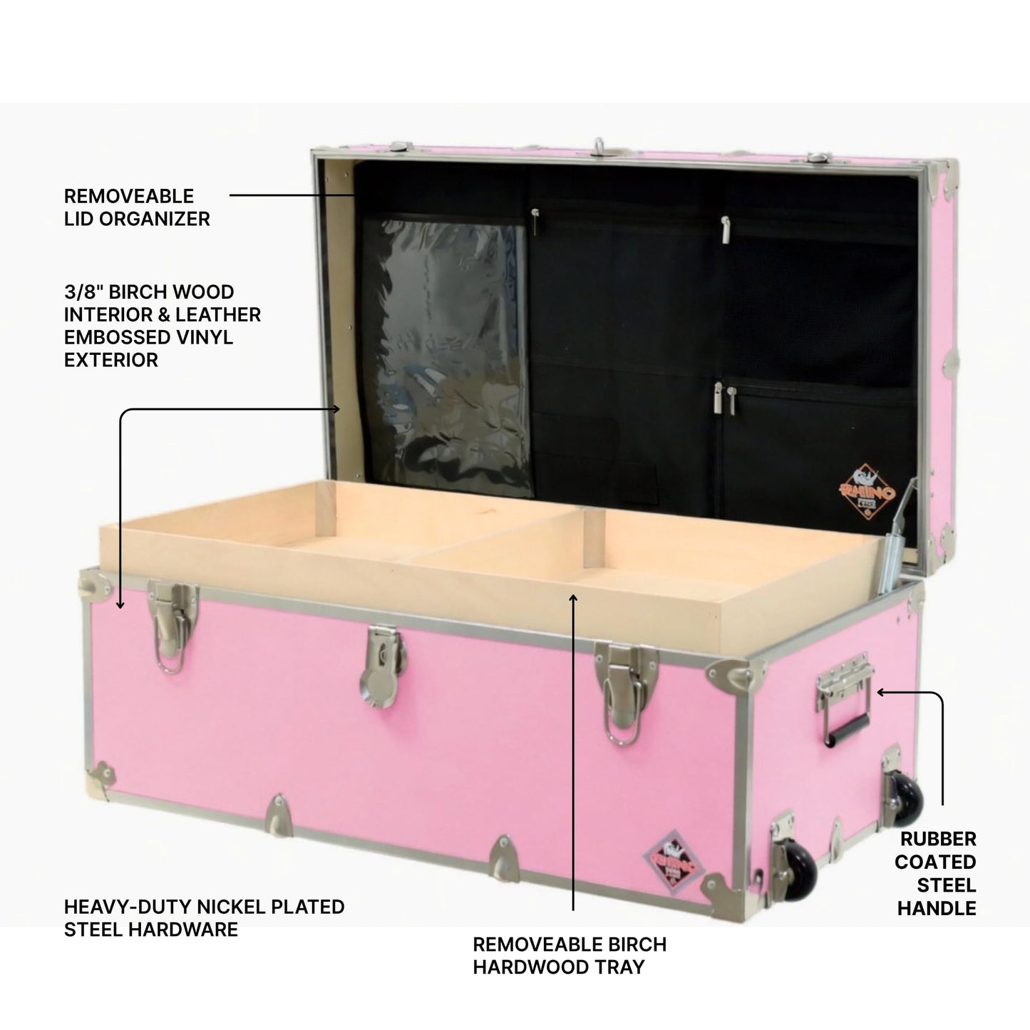 Rhino Trunk & Case Small Essential Trunk With Wheels, Tray, & Lid Organizer - 30"x17"x13", 1000+ lbs Capacity. Strong, USA Made Summer Camp Footlocker, and Secure College Dorm Storage Chest