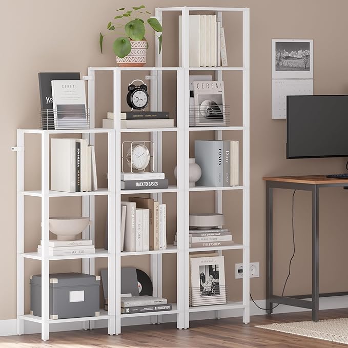 TUTOTAK Bookshelf, 4-Tier Tall Book Shelf, Narrow Bookcase for Small Space, DIY Stackable Bookshelf, for Living Room, Office, Study, Entryway, Industrial, White BS01BW004