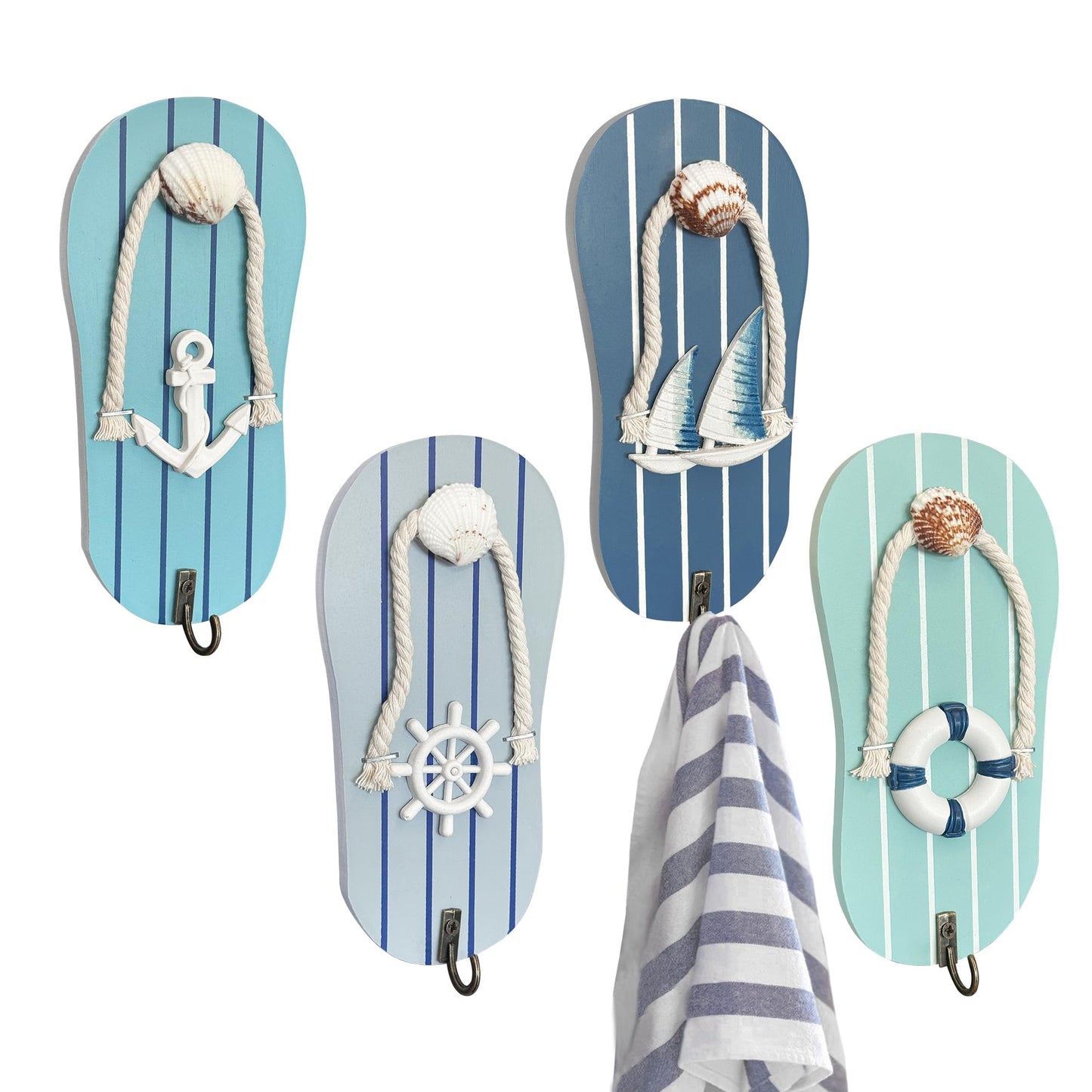 KYIEN Cute Flip Flop Small Towel Wall Hooks- Wooden Beach-Themed Rack with Metal Hooks (9.3") - Coastal Decor for Bathroom & Poolside, Beach Houses for Hanging Key Purse (Blue and White)