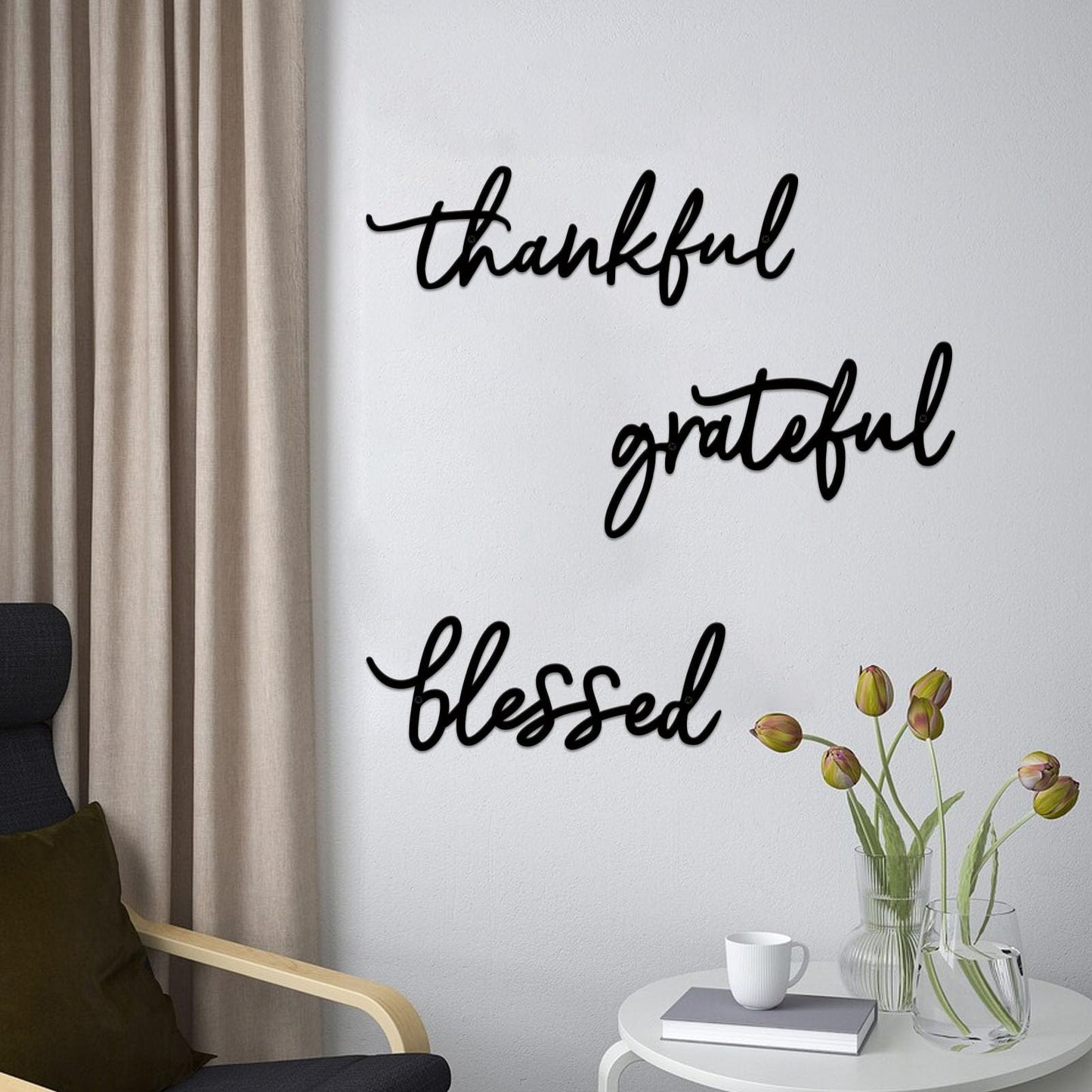 ESTART Thankful Grateful Blessed Letter Sign Metal Wall Decor, 3 Piece Black Letters Wall Art for Bathroom Bedroom Metal Words Wall Decor for Home Decor
