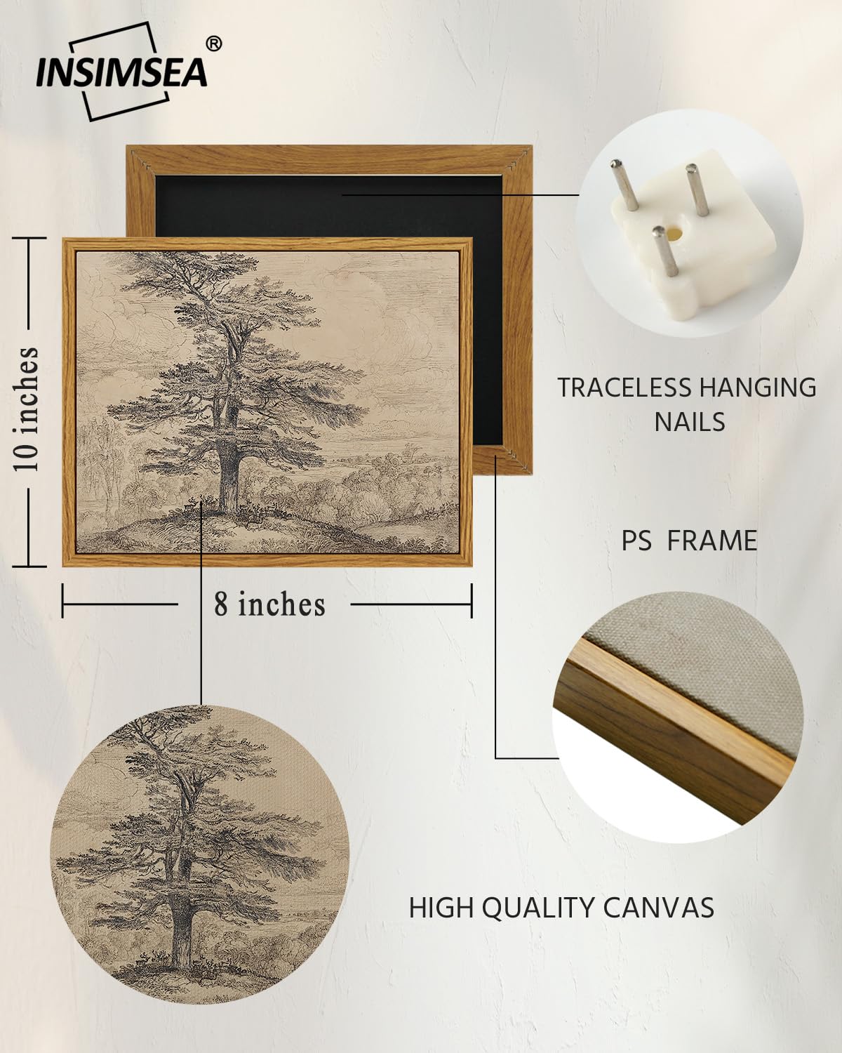 InSimSea Framed Canvas Wall Art, Neutral Sketch Tree Painting, Rustic Nature Scenery Decor for Living Room Shelf Hallway,10x8 in, Beige Tones
