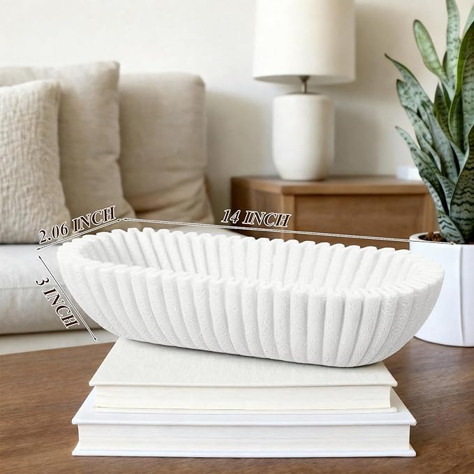 Large Decorative Bowl for Home Decor Long Dough Key Bowls Coffee Table Decor Centerpiece White Ruffle Scalloped Resin Modern Handicraft Bowl for Kitchen Counter Farmhouse Entryway