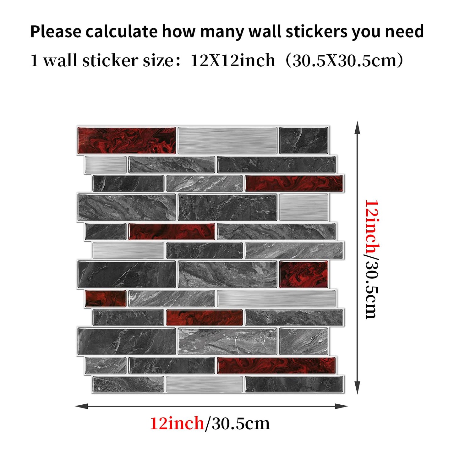 Alwayspon 10 Sheets 12" x12inch Black and Red Marble Effect Vinyl Tiles, Backsplash, Self-Adhesive Peel and Stick Wall Tile Stickers, Stick on Subway Tiles for Kitchen Bathroom Wall Decor