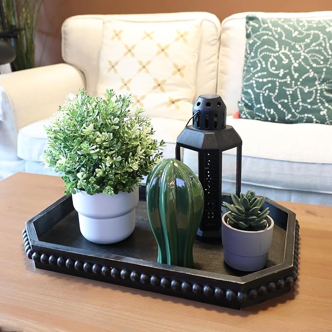 Hrastany Wood Rustic Serving Tray with Beads, Farmhouse Vintage Black Decorative Tray for Table Centerpiece, Christmas Wedding Halloween Home Decor