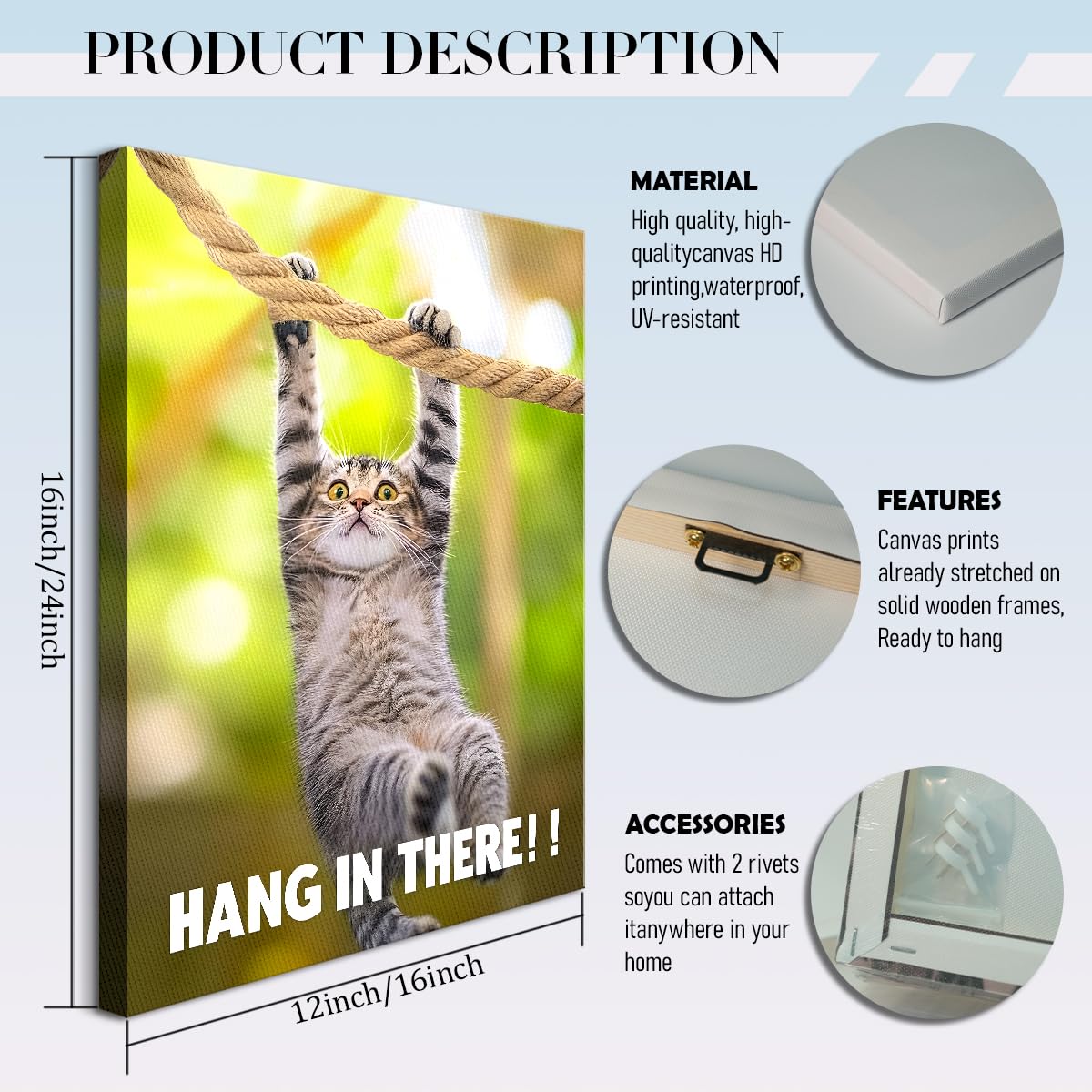Hang in There Cat Posters Funny Motivational Wall Art Inspirational Cat Wall Decor Painting Funny Office Pictures Inspirational Prints for Home Bathroom Bedroom Ready to Hang(12x16in Wrapped Canvas)
