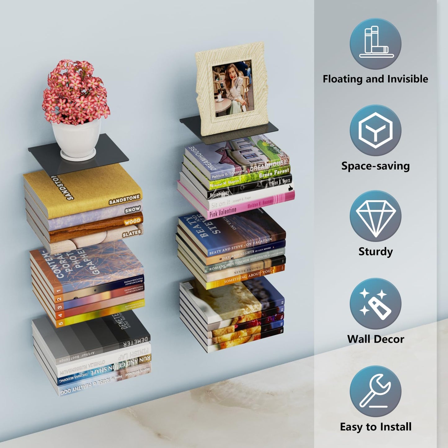 DuvinDD 8 Tier Invisible Floating Book Shelves for Wall, Hanging Bookshelves Vertical Spine Book Tower, Heavy-Duty Metal Floating Bookshelf, 4 Pack Black