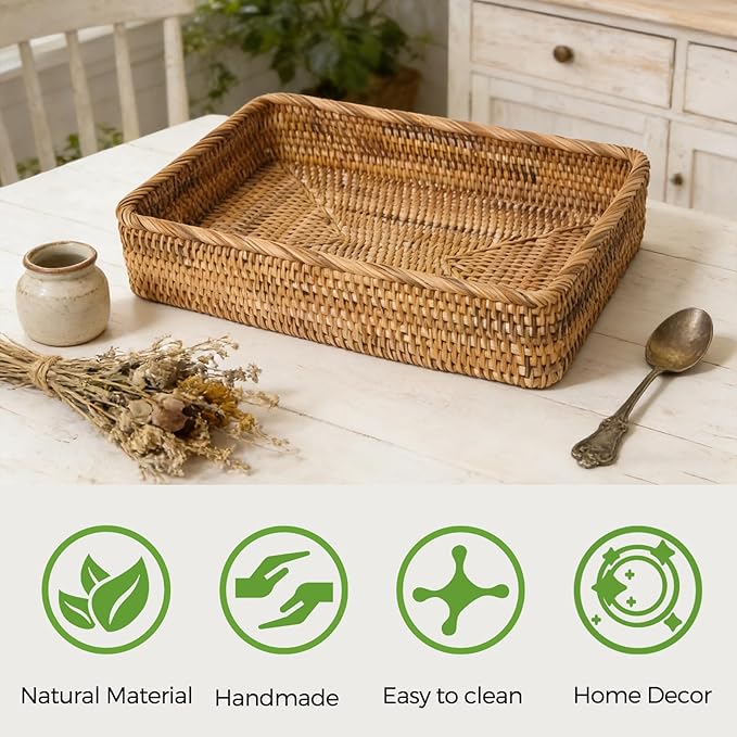 Wicker Storage Tray, Rattan Basket Rectangular for Bathroom Living Room, Decorative Serving Woven Trays Wicker Baskets for Organizing Home Decor L(15.7" × 11")