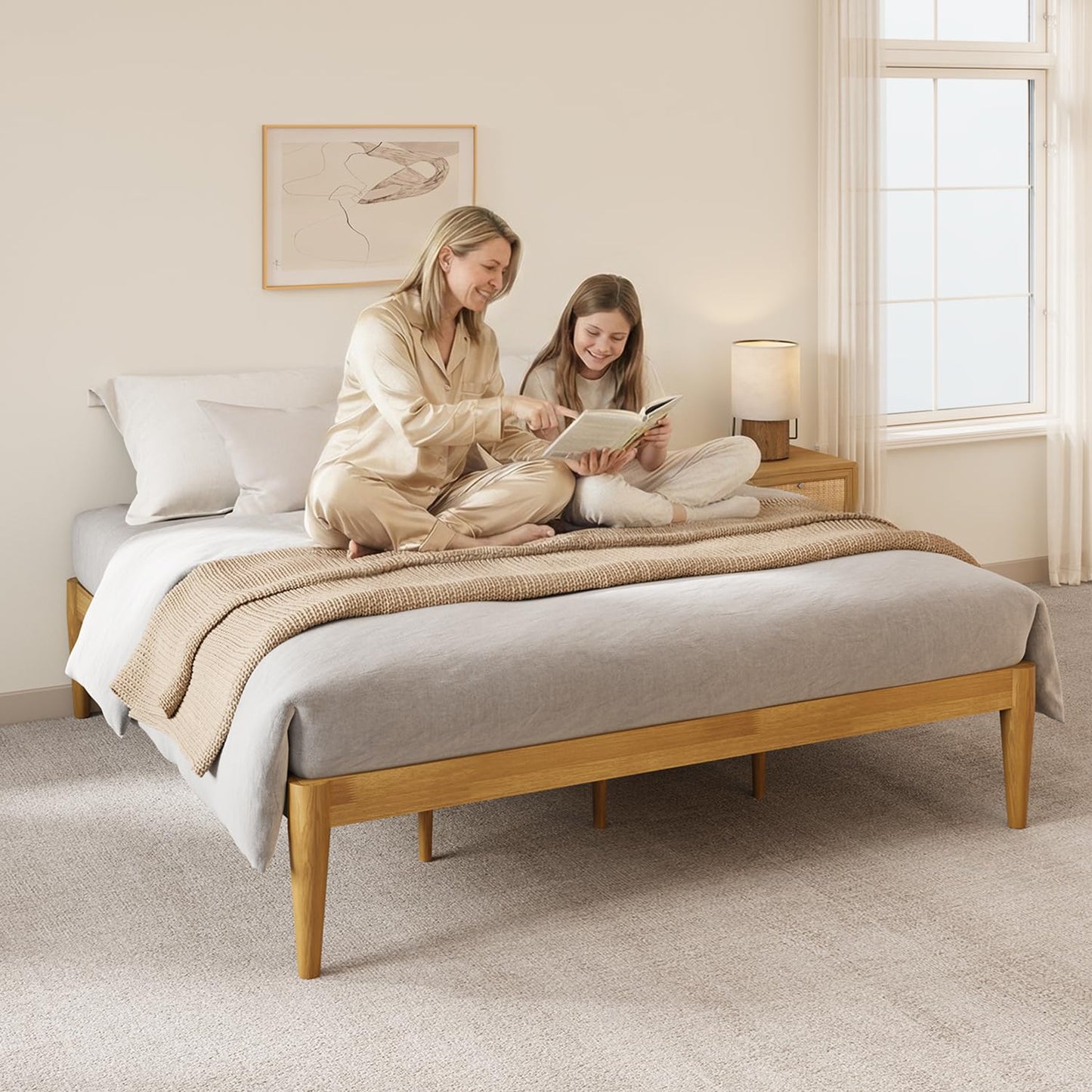 IOTXY King Platform Bed Frame - Solid Wood 16-Inch Height Mattress Foundation Base with Densely Slats and Heavy-Duty Support Legs, No Box Spring Needed, Oak