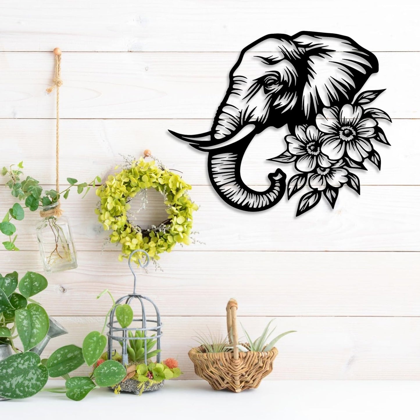 LIYOUYA Elephant Flower Metal Wall Decor - Rustic Farmhouse Room Decor Simple Black Wall Art Home Decor for Living Room, Bedroom, Dining Room, Garden, Courtyard (Black)