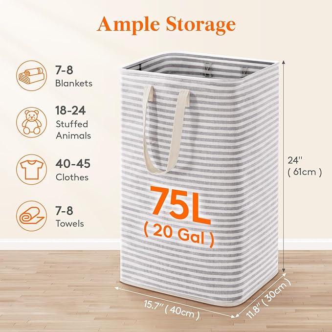 Lifewit 75L Large Collapsible Laundry Hamper, Tall Foldable Dirty Clothes Baskets Waterproof, Freestanding Design with Easy Carry Handles in Dorm Bedroom Bathroom College, Grey
