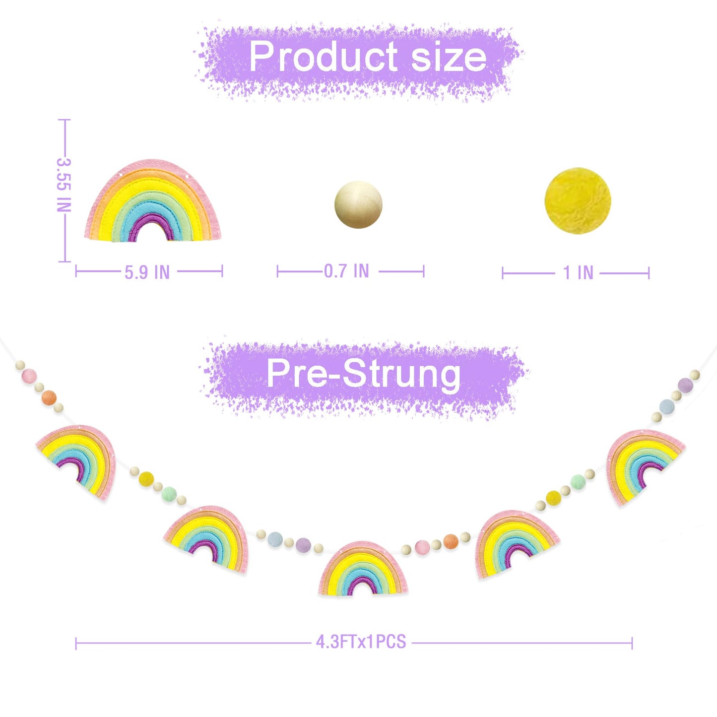 Pastel Pre-Strung Rainbow Banner Felt Wool Ball Wood Beads Garland Macaron Rainbow Garland for Women Kids Girls Unicorn Magic Birthday Party Decorations Sign Party Photo Prop Decor Supplies