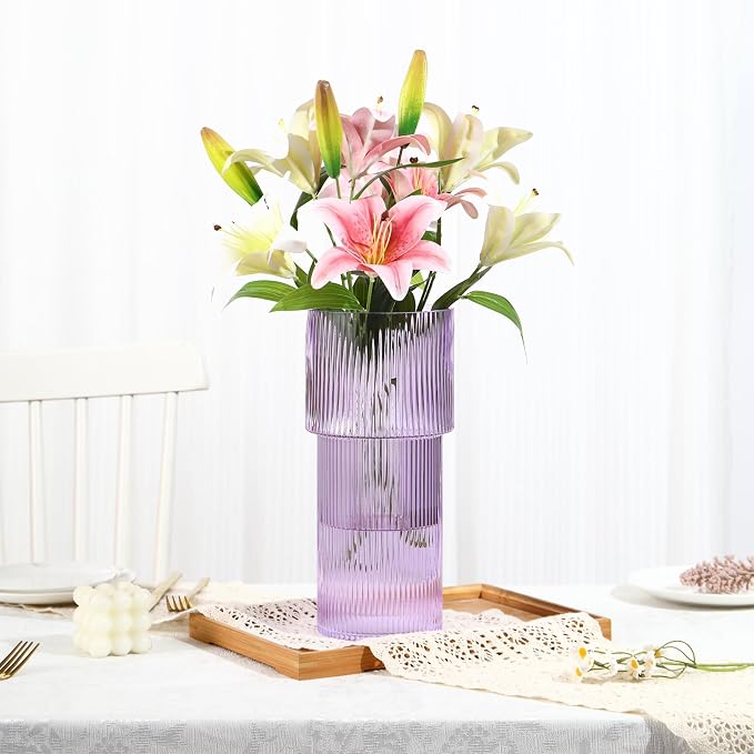 Purple Glass Vase, 12 Inches Tall Vase for Flowers, Large Flower Vases for Bouquet, Modern Purple Glass Vases for Living Room, Dining Table, Office, Entryway, Mantle, Shelf, Wedding Gifts
