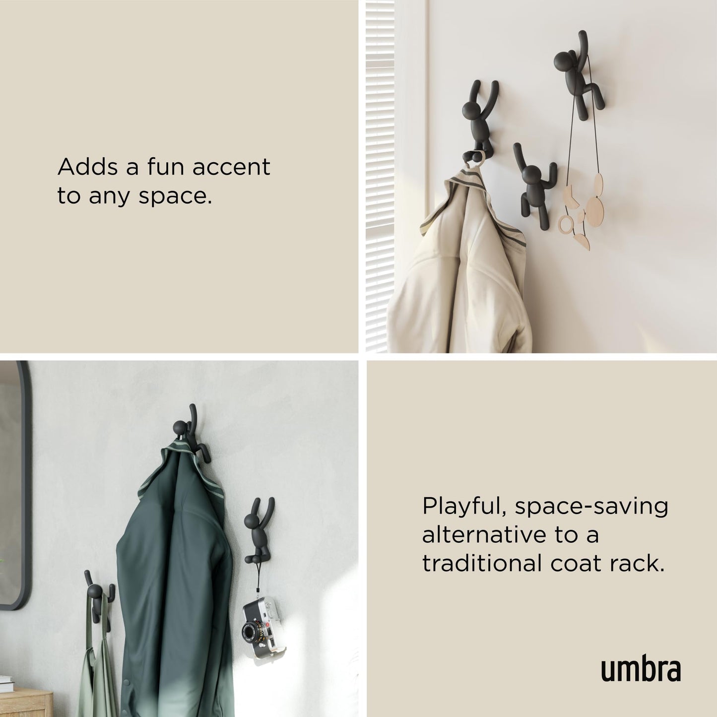 Umbra Buddy Wall Hooks – Decorative Wall Mounted Coat Hooks for Hanging Coats, Scarves, Bags, Purses, Backpacks, Towels and More, Set of 3, Black