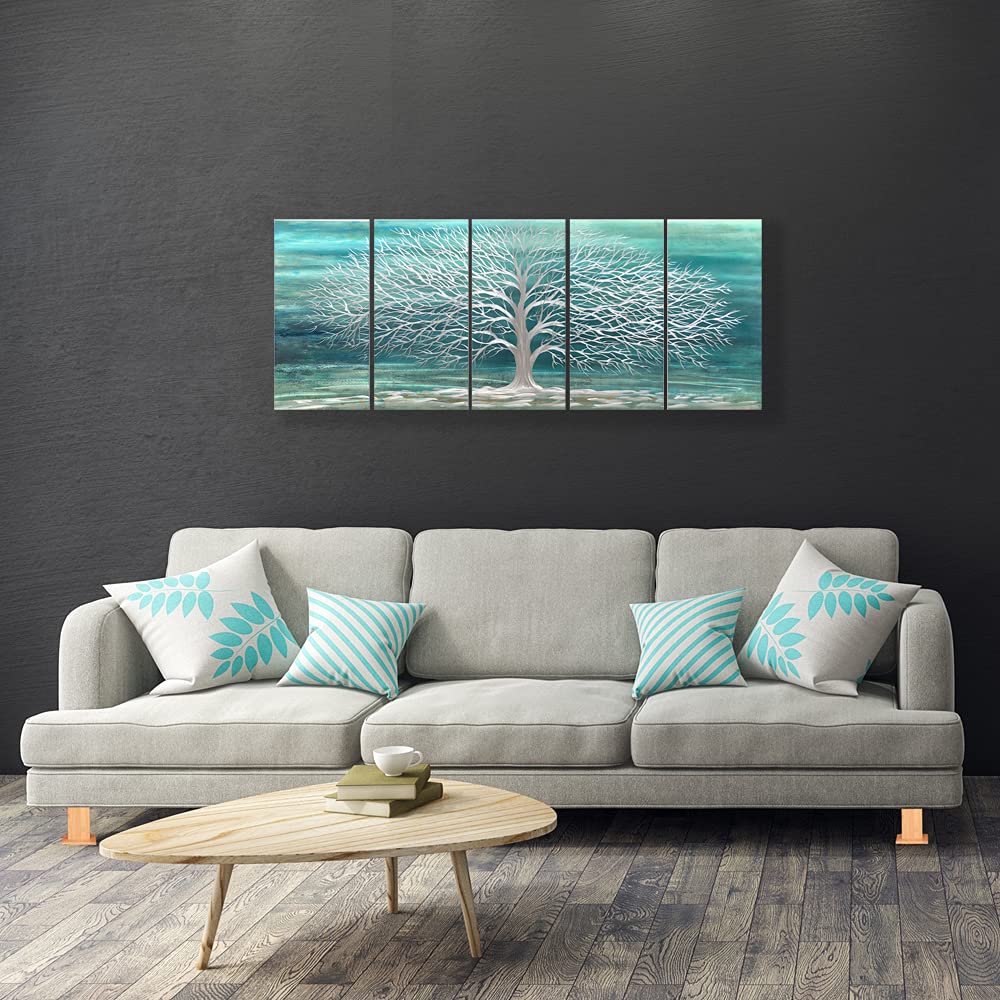 RICHSPACE ARTS Blue Green Metal Wall Art Silver Tree of Life 3d Artwork Extra Large Teal Sculpture Decor on Aluminum for Bedroom Living Room Kitchen Room Dining Room Walls Set of 5 Panels