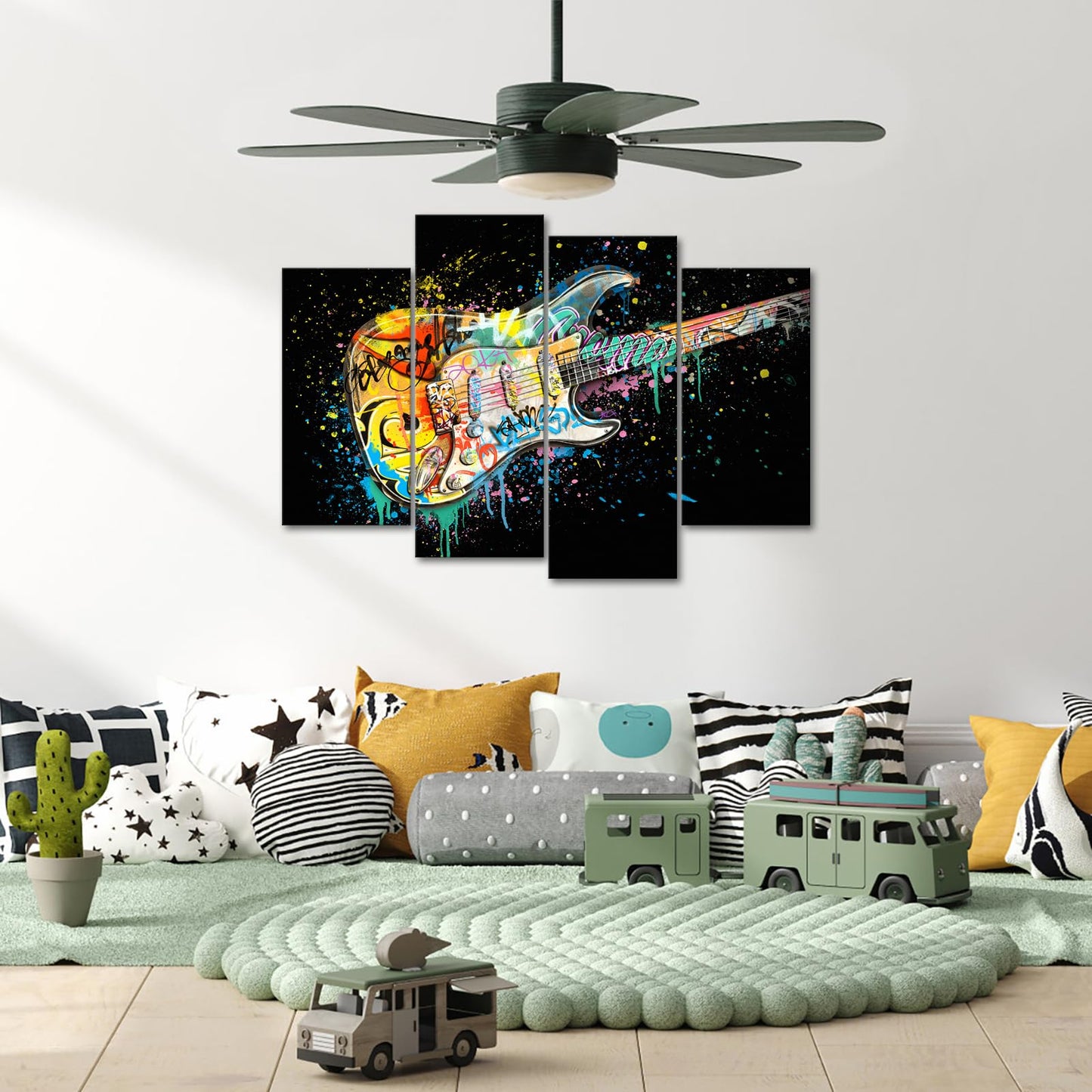 HOMEOART Music Decor Graffiti Guitar Painting Pictures Music Wall Art Framed Artwork Large 4 Pieces (Total is 48x34inch) (Black)