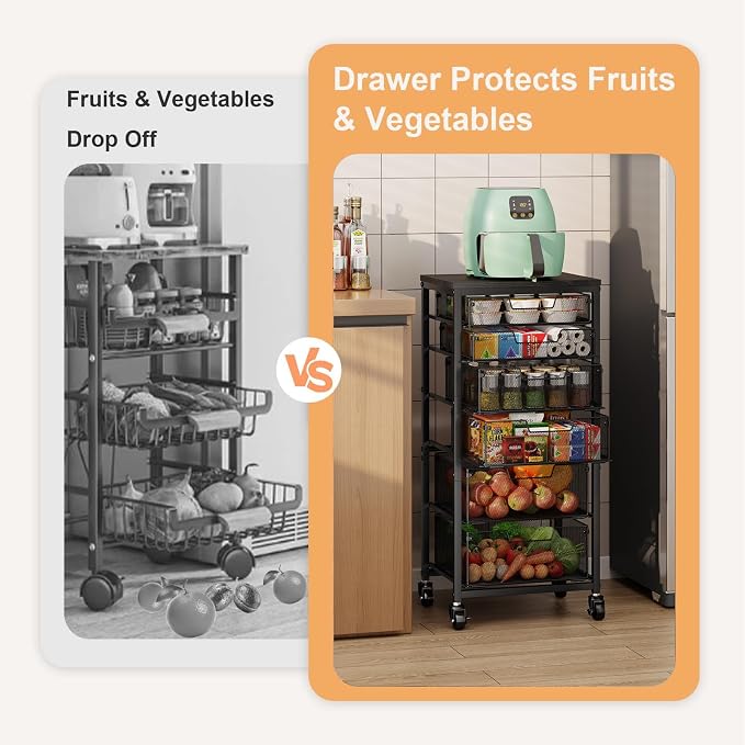 6-Tier Kitchen Storage Cart -Fruit Vegetable Storage Cart with Drawers, Wooden Top Metal Wire Kitchen Organizer and Storage Cart with Wheels to Storage Onions Potatoes Cans Snacks for Kitchen