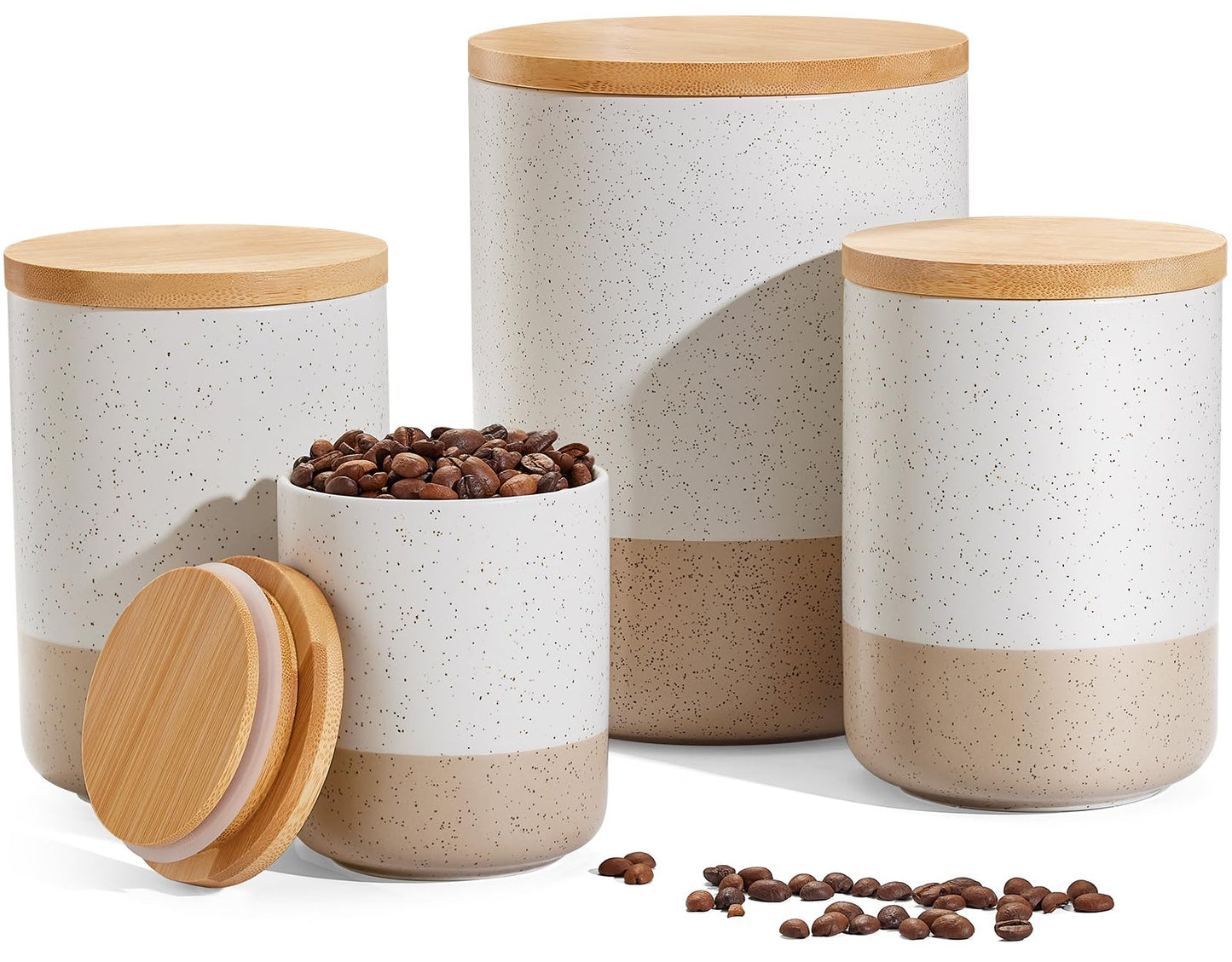 Yangbaga Canisters Sets for Kitchen Countertop-Set of 4 Ceramic Kitchen Canisters Food Storage Jar with Airtight Wood Lids & Spoons & Label,Large Flour and Sugar Containers for Serving Ground Coffee