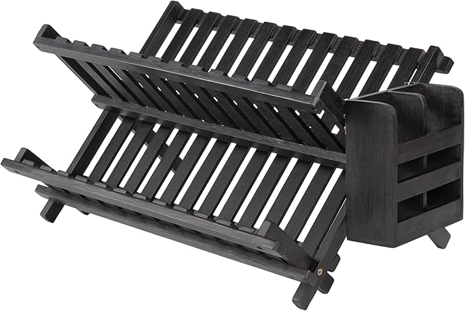 happimess DSH2000C Arlen Farmhouse Bamboo Foldable 2-Tier Dish Drying Rack with Detachable Utensil Holder, Black