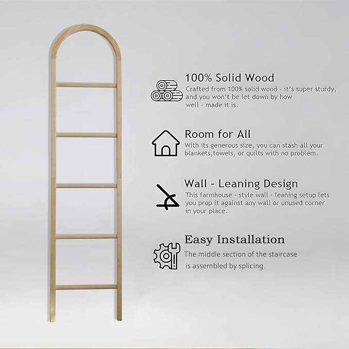 Wooden Blanket Ladder - Natural & Motley Wood - Leaning Wall Decor for Bedroom, Bathroom, Living Room - Rustic Quilt Holder & Towel Rack (Light Wood Color-Curved, 76in（5-Tier）)