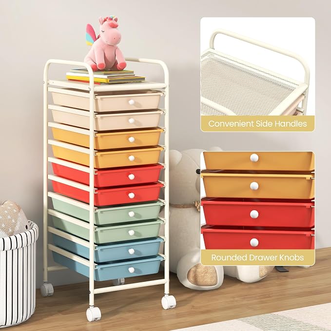 COSTWAY 10-Drawer Rolling Storage Cart, Utility Mobile Trolley with Removable Drawers & Universal Casters & 2 Brakes, Versatile Flexible Drawer Organizer Cart for Home, Office, Macaron