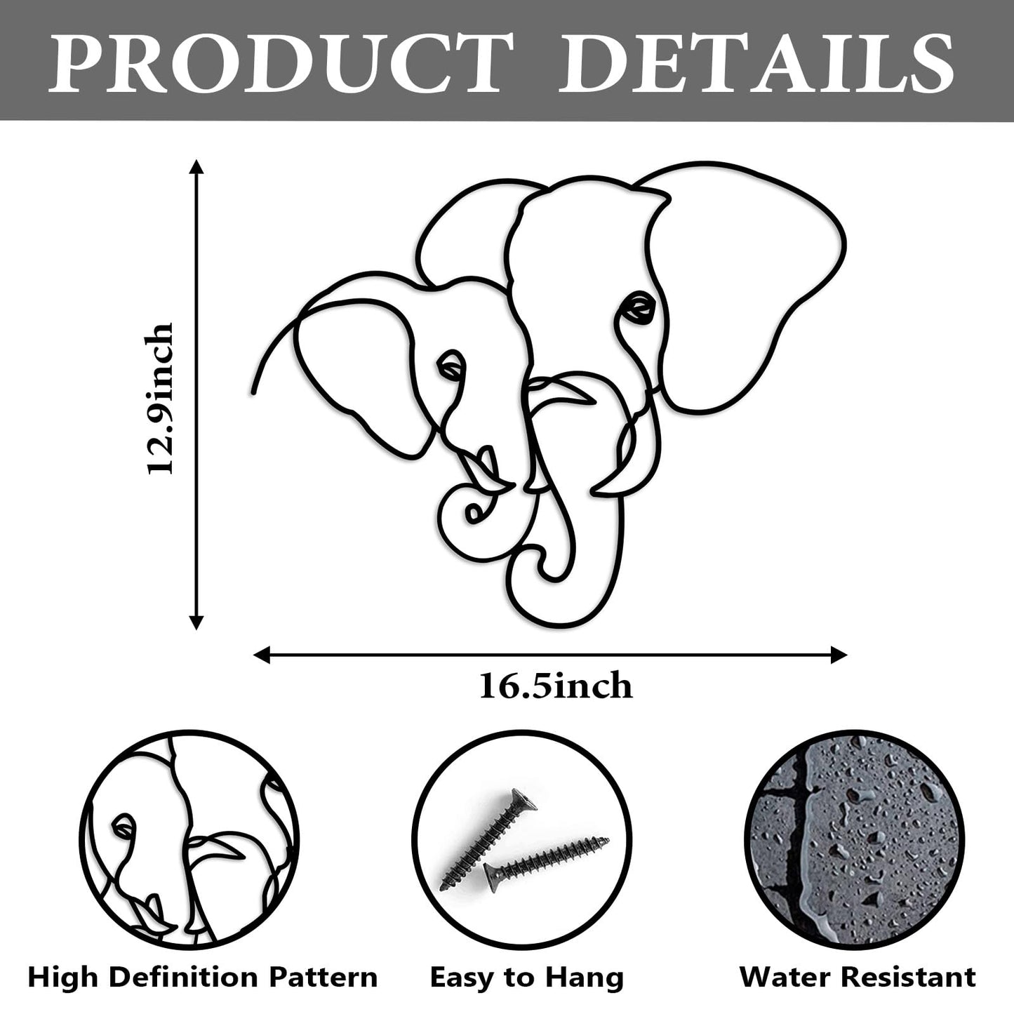 Vineland Metal Elephant Wall Art Decor, Black Wall Hanging, 16.5 x 12.9 Inches, Modern Home Decoration