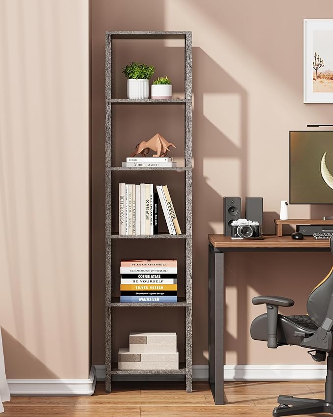 TUTOTAK Bookshelf, 6-Tier Tall Book Shelf, Narrow Bookcase for Small Space, DIY Stackable Bookshelf, for Living Room, Office, Study, Entryway, Industrial, Charcoal Grey BS01BY006