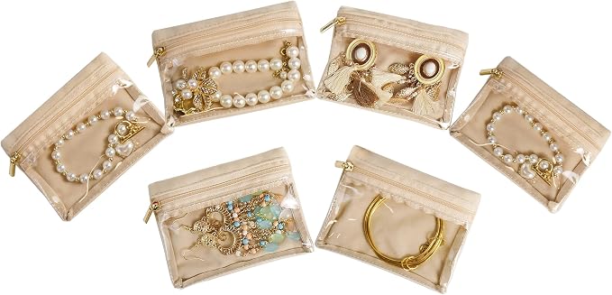 6 Pcs Travel Jewelry Organizer, Velvet Mini Pouch with Clear Zipper Pocket, Lightweight Jewelry Storage Organizer for Rings Earrings Necklaces, Travling Gift for Women Girls (Beige)