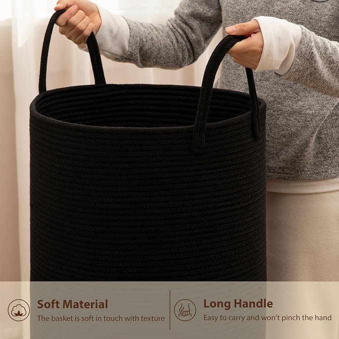 OIAHOMY Large Laundry Basket Hamper - 100L Cotton Rope Woven Basket for Blankets, Toys, Clothes - Tall Decorative Nursery Hamper with Long Handles, Black
